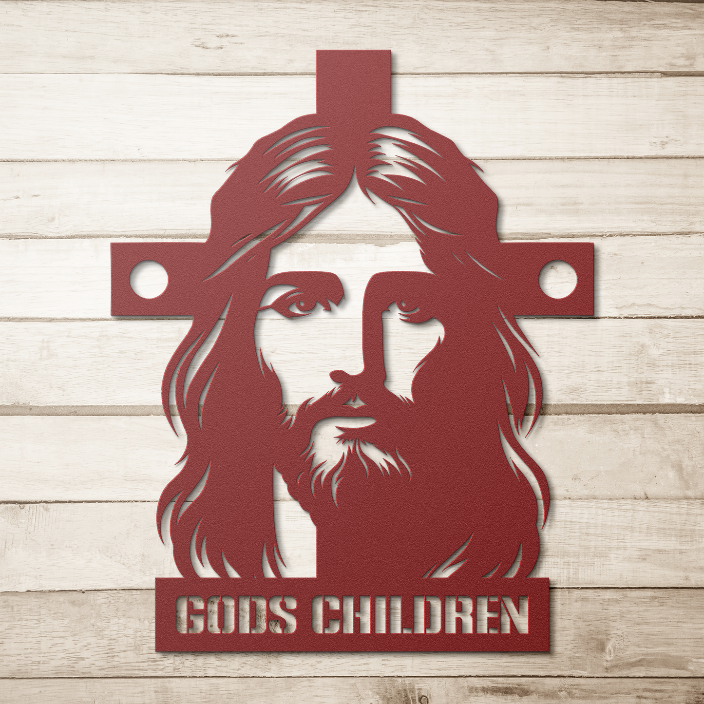 Christianity_Metal_Sign_Gods_Children_Red_Simple_Wood_BKGD_Mockup.png
