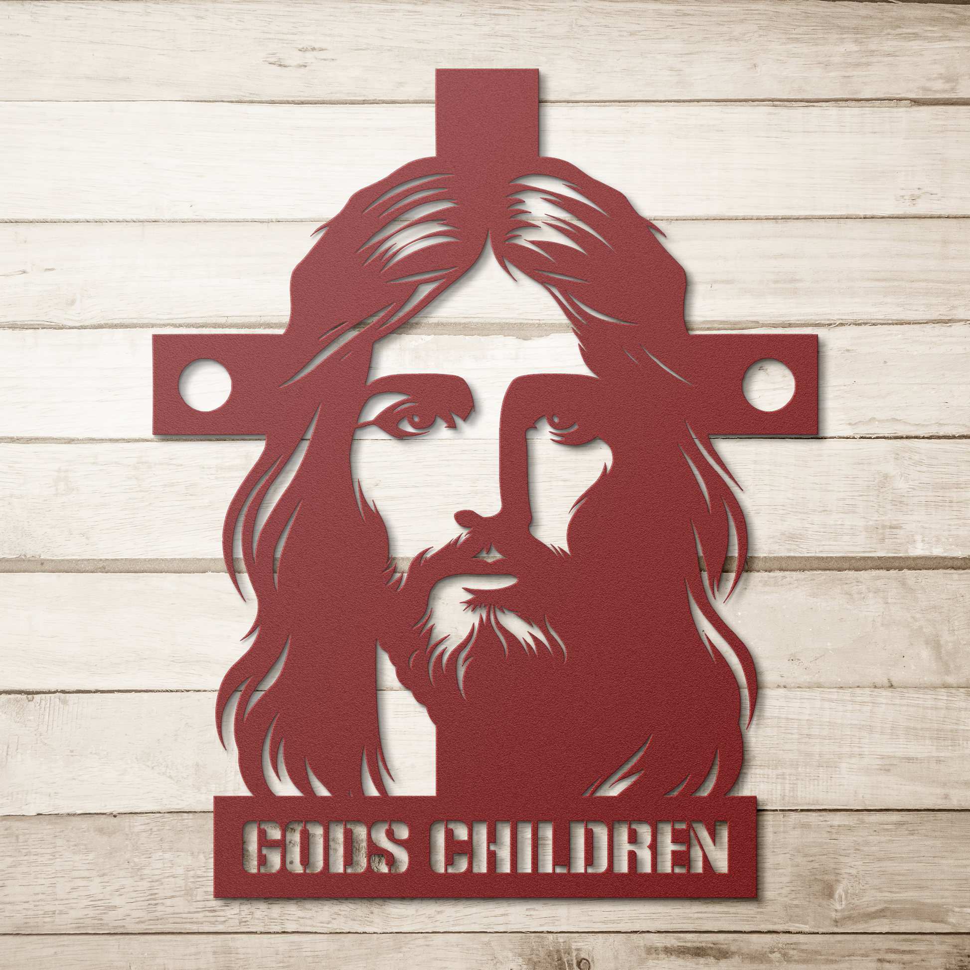 Christianity_Metal_Sign_Gods_Children_Red_Simple_Wood_BKGD_Mockup.png