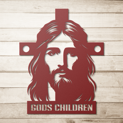 Christianity_Metal_Sign_Gods_Children_Red_Simple_Wood_BKGD_Mockup.png