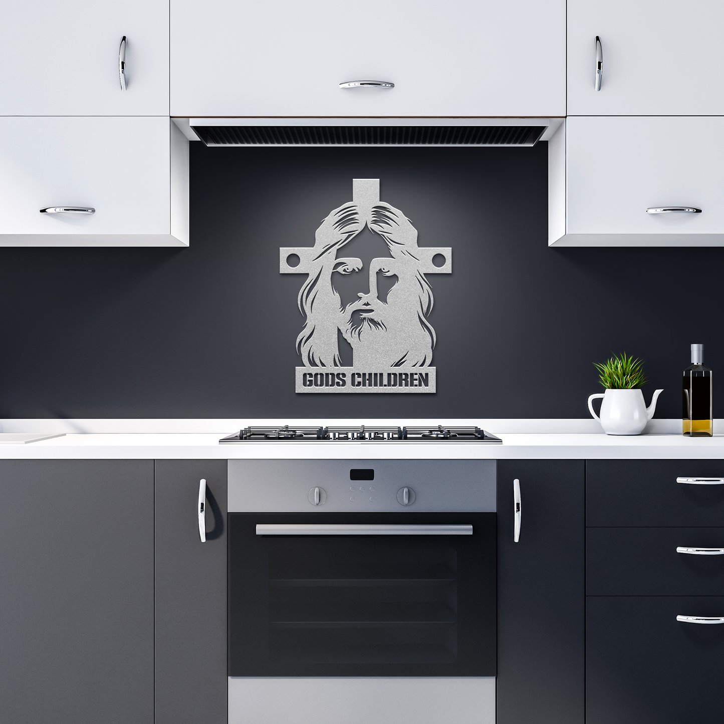 Christianity_Metal_Sign_Gods_Children_Silver_Dark_Kitchen_Mockup.png