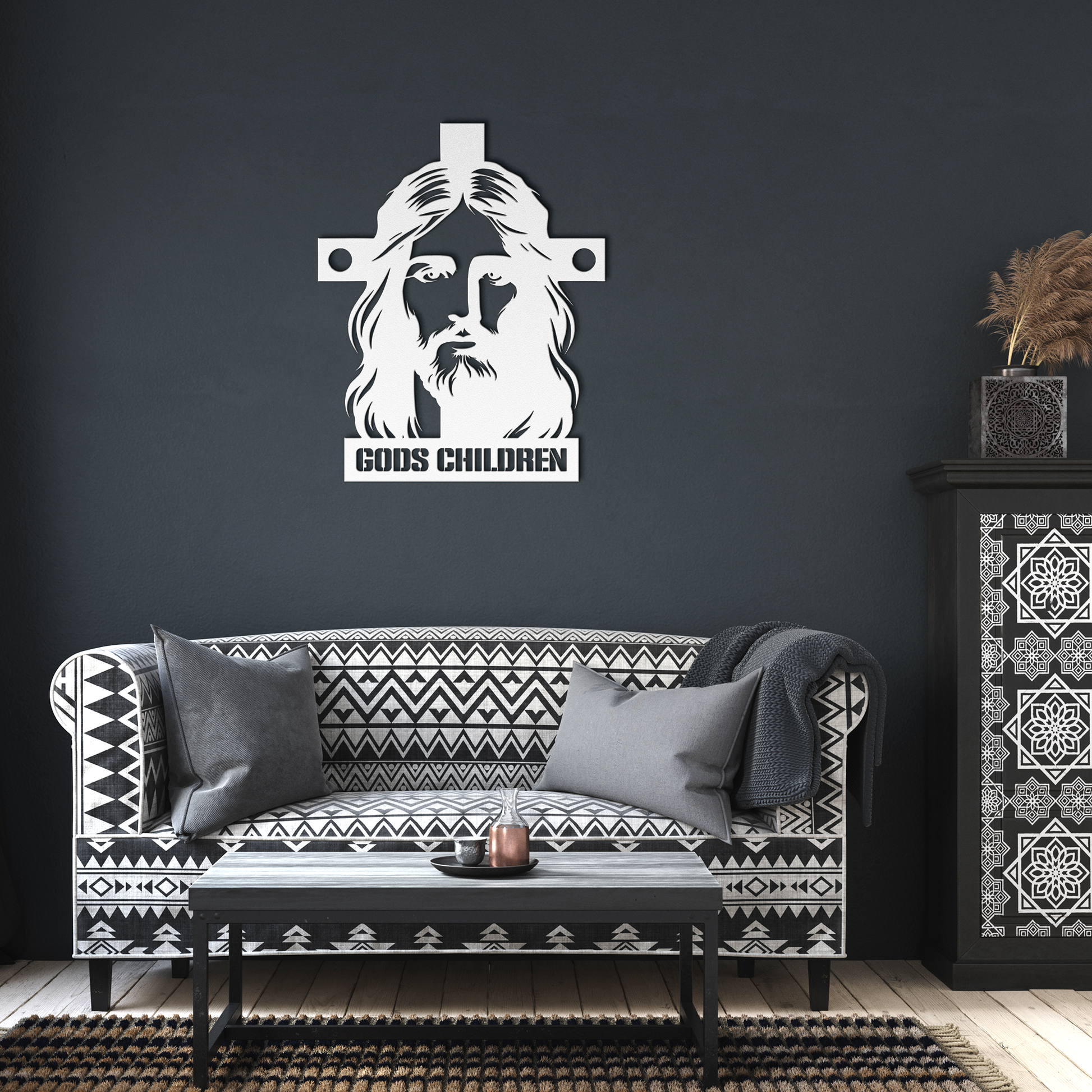 Christianity_Metal_Sign_Gods_Children_White_Dark_Living_Room_Mockup.png