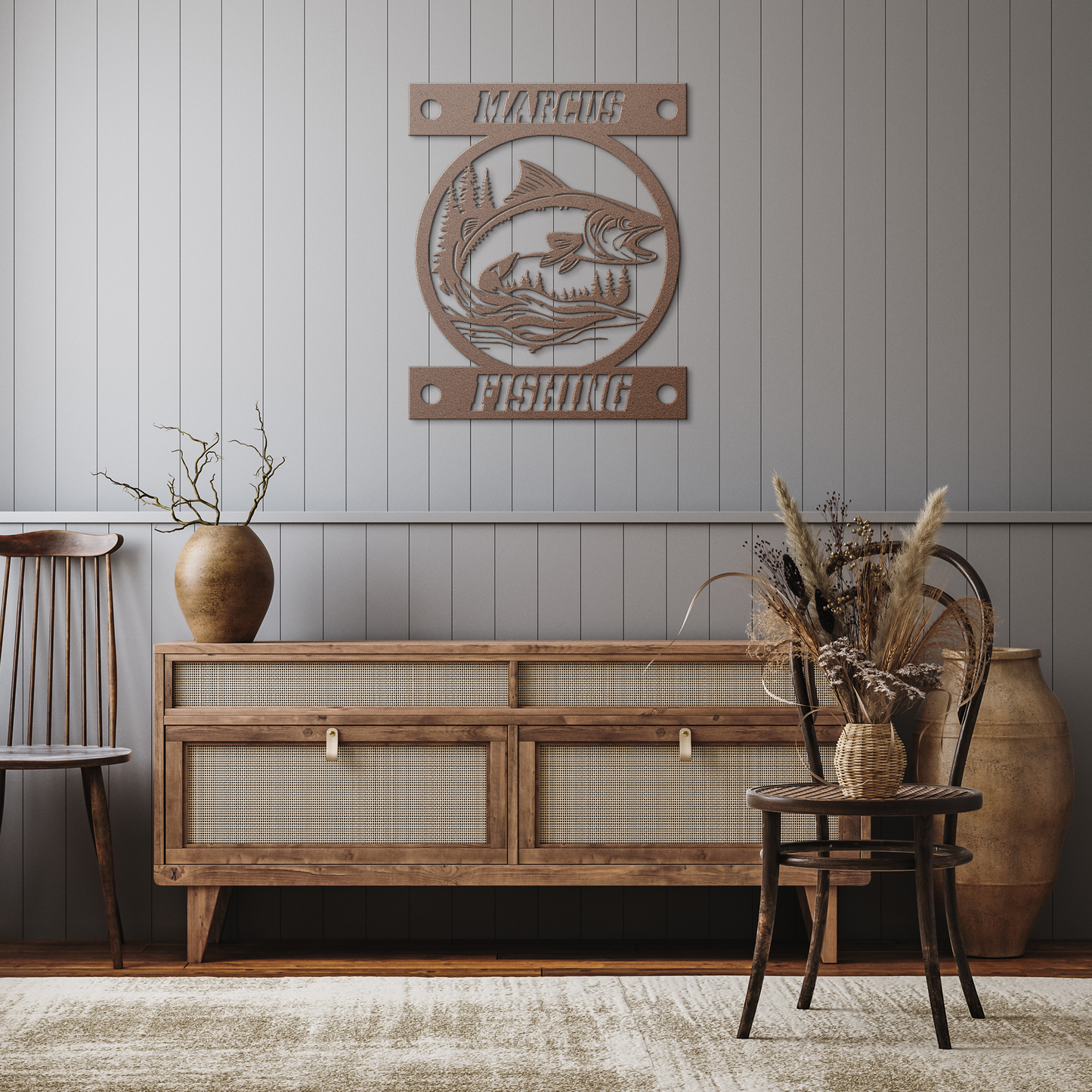 Custom_Fishing_Metal_Sign_Trout_Circle_Copper_Rustic_Hallway_Mockup.png