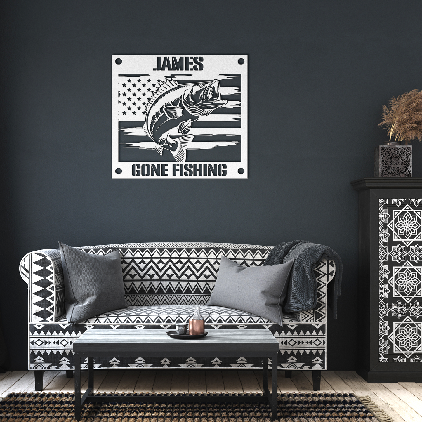 Gone_Fishing_Metal_Sign_White_Dark_Living_Room_Mockup.png