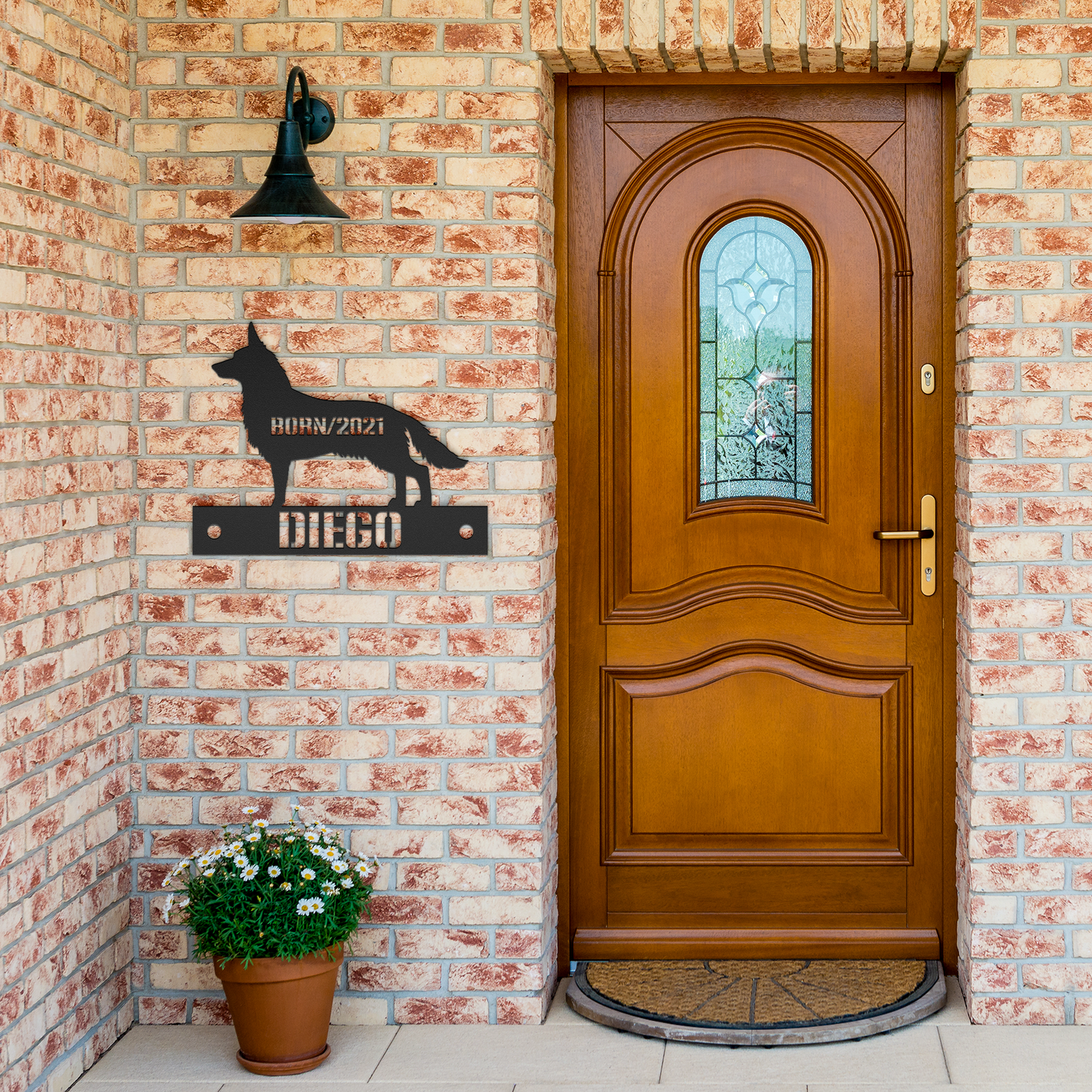 Personalized_German_Shepherd_Metal_Sign_Black_Brick_Entrance_Mockup.png