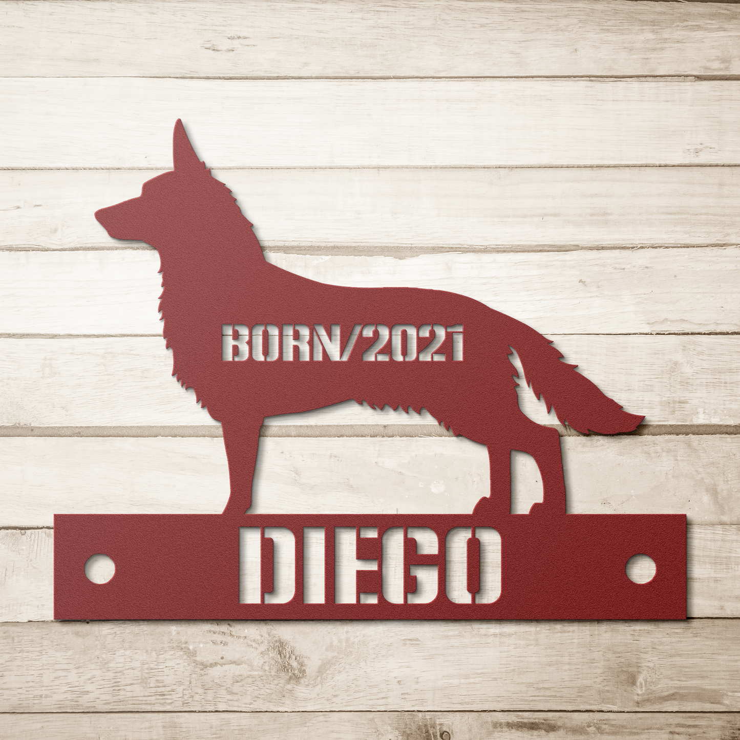 Personalized_German_Shepherd_Metal_Sign_Red_Simple_Wood_BKGD_Mockup.png
