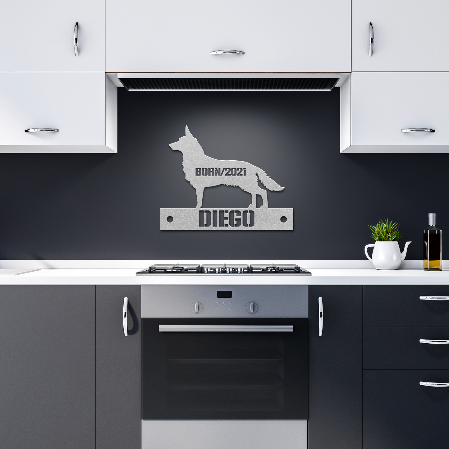 Personalized_German_Shepherd_Metal_Sign_Silver_Dark_Kitchen_Mockup.png